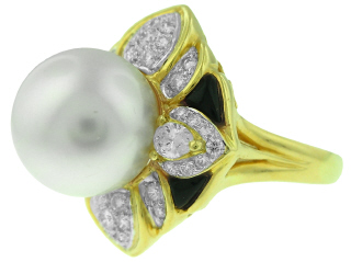 18kt yellow gold and black enamel pearl and diamond ring