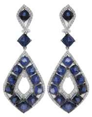 18kt white gold cushion cut sapphire and diamond hanging earrings.