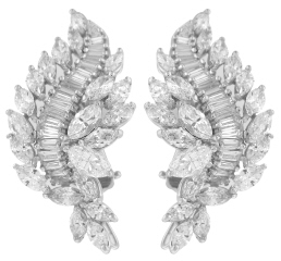 Platinum marquise and baguette diamond earrings
