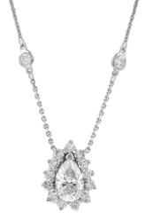 14kt white gold pear shape diamond pendant with diamond halo and dia chain