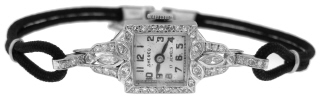 Platinum antique style ladies Sherco diamond watch with black cord strap