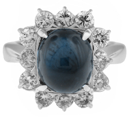 Platinum cabochon sapphire and diamond ring