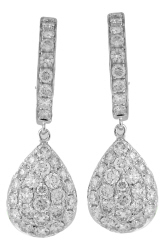18kt white gold diamond huggie earrings with pave set diamond dangle