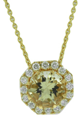 18kt rose gold morganite and diamond pendant with chain.