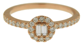 18kt rose gold round and baguette diamond ring.