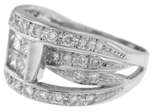 Platinum invisible set diamond ring with round diamonds.