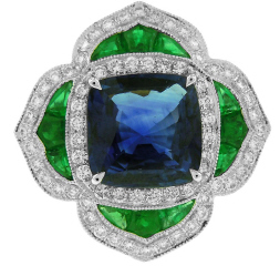 Platinum sapphire, emerald and diamond ring.