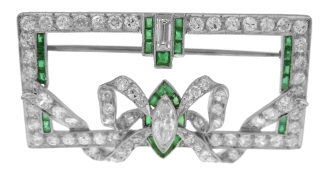 Platinum antique style rectangular diamond and emerald pin
