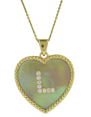14kt rose gold pink mother of pearl "L" diamond heart pendant with chain.
