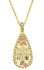 14kt rose gold morganite and diamond pendant with chain.