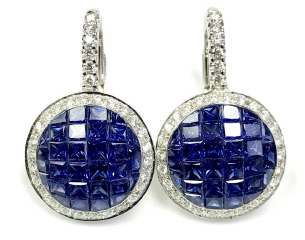 18kt white gold invisible set sapphire and diamond hanging earrings.
