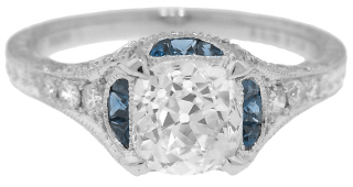 Platinum ring with Old European Cut diamond 1.41cts L-M VS2 EGL, sapphires and diamonds