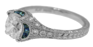 Platinum ring with Old European Cut diamond 1.41cts L-M VS2 EGL, sapphires and diamonds