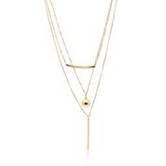 14kt yellow gold 3-strand fancy necklace with gold bars and gold ball.