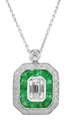 18kt white gold emerald cut diamond and emerald pendant