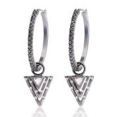 18t white gold black rhodium diamond hoop earrings with hanging charm.