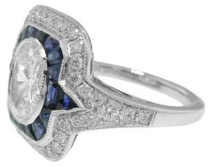 Platinum antique style engagment ring with oval diamond 1.21cts G SI1 EGL, diamonds and sapphires