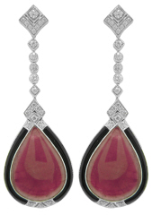 Platinum pear shape cabochon ruby, diamond, and black onyx dangle earrings