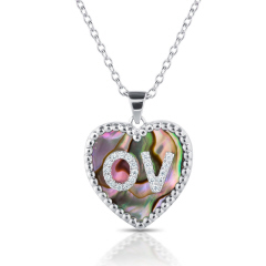 14kt white gold mother of pearl heart pendant with diamond initials "OV"  and 16" chain.