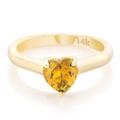 14kt yellow gold heart shape citrine prong set ring.