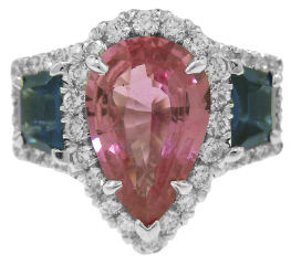 Platinum pear shape pink sapphire, diamond, and blue sapphire ring
