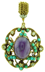 14kt yellow gold cabochon amethyst, diamond, and turquoise pin/pendant