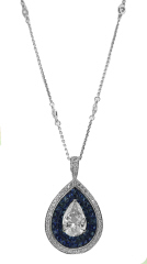 18kt white gold pear shape diamond and sapphire pendant with diamond chain
