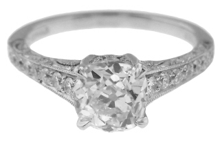 Platinum antique design engagement ring with Old Mine Cut diamond 1.15cts K-L SI1
