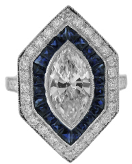 Platinum marquise diamond and sapphire engagement ring