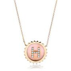 14kt yellow gold pink rainbow MOP diamond "H" round inital pendant with chain.