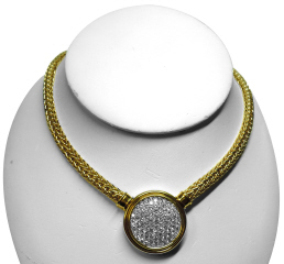 Platinum and 18kt yellow gold heavy wheat chain pave diamond circle necklace