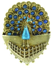 Silver peacock pin with blue stones and enamel.