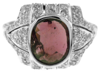 18kt white gold antique style ruby and diamond ring