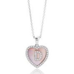 14kt white gold pink rainbow mother of pearl diamond "D" heart pendant with diamond border.