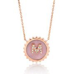 14kt rose gold small sun pink rainbow MOP diamond "M" inital pendant with chain.