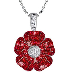 18kt white gold invisible set ruby and diamond flower pendant with adjustable chain.