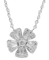 18kt white gold round and baguette diamond flower pendant with chain.