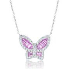 18kt white gold pink sapphire and diamond butterfly pendant with chain.