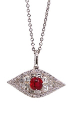 18kt white gold ruby and diamond evil eye pendant with chain.