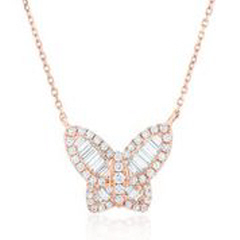18kt rose gold round and baguette diamond butterfly pendant with chain.