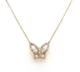 18kt yellow gold baguette and round diamond butterfly pendant with chain