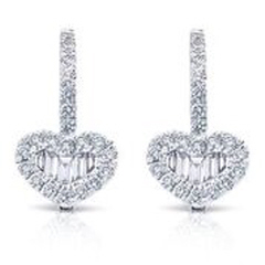 18kt white gold round and baguette diamond hanging heart earrings.