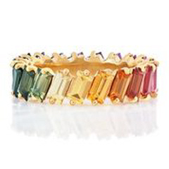 18kt yellow gold multi-color baguette sapphire eternity band.