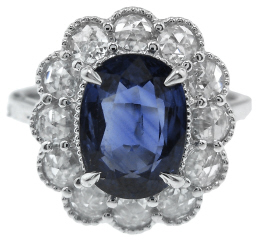 18kt white gold oval sapphire and rose cut diamond ring