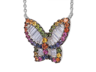 18kt white gold diamond and rainbow sapphire butterfly pendant with chain