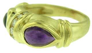 14kt yellow gold cabochon blue topaz, amethyst and diamond ring