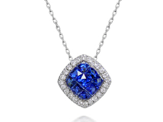 18kt white gold diamond and invisible set sapphire pendant with chain