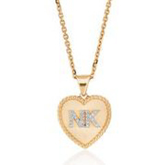14kt yellow gold medium heart pendant with diamond "NK" initials and chain.