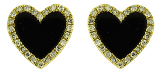 14kt yellow gold heart black onyx and diamond earrings.