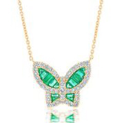 18kt yellow gold emerald and diamond butterfly pendant with chain.